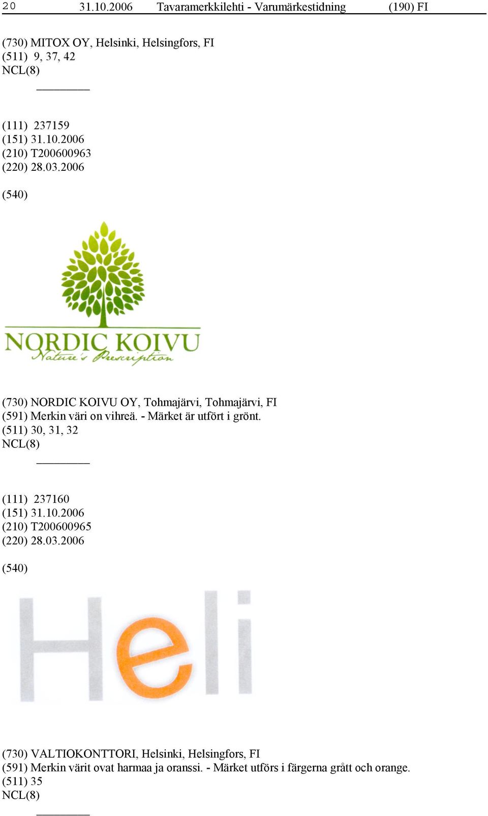 237159 (210) T200600963 (220) 28.03.2006 (730) NORDIC KOIVU OY, Tohmajärvi, Tohmajärvi, FI (591) Merkin väri on vihreä.