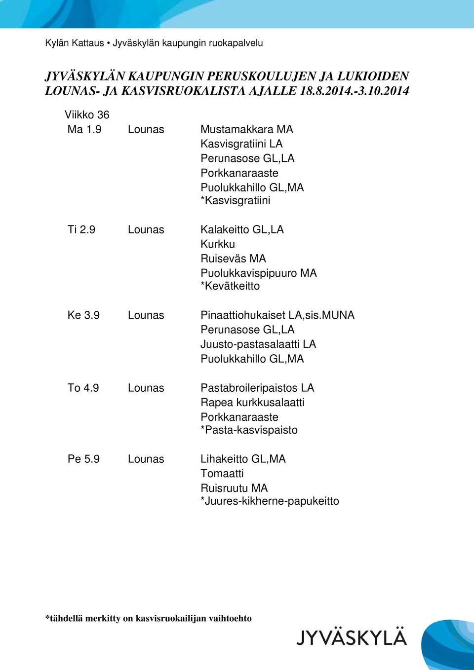 9 Lounas Pinaattiohukaiset LA,sis.MUNA Juusto-pastasalaatti LA To 4.