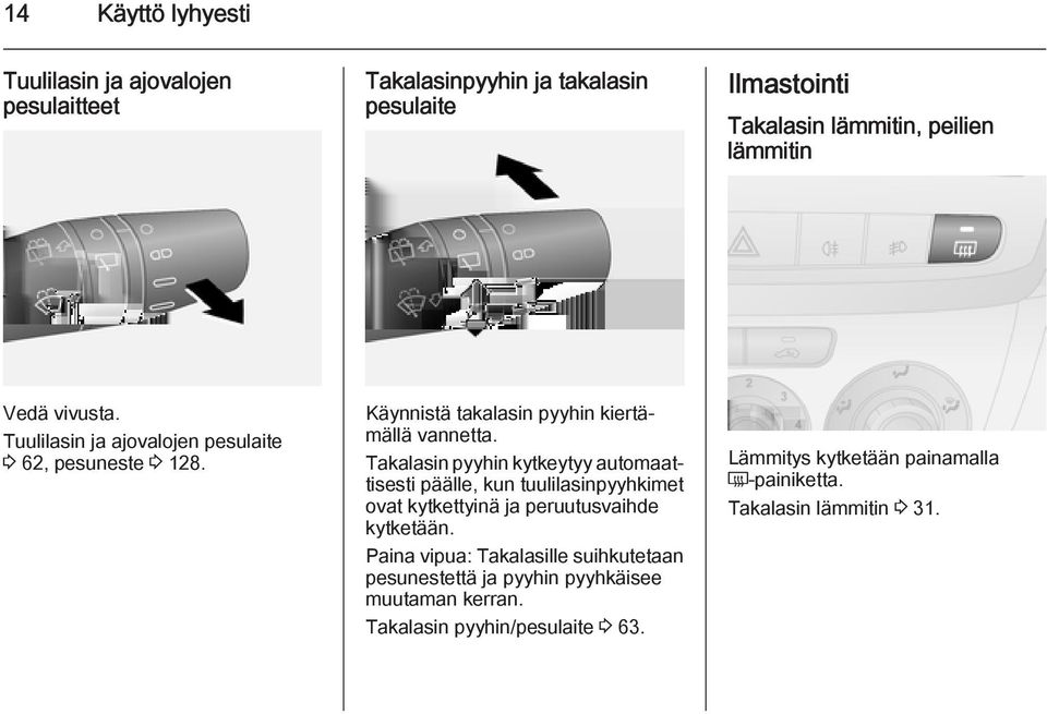 Takalasin pyyhin kytkeytyy automaattisesti päälle, kun tuulilasinpyyhkimet ovat kytkettyinä ja peruutusvaihde kytketään.