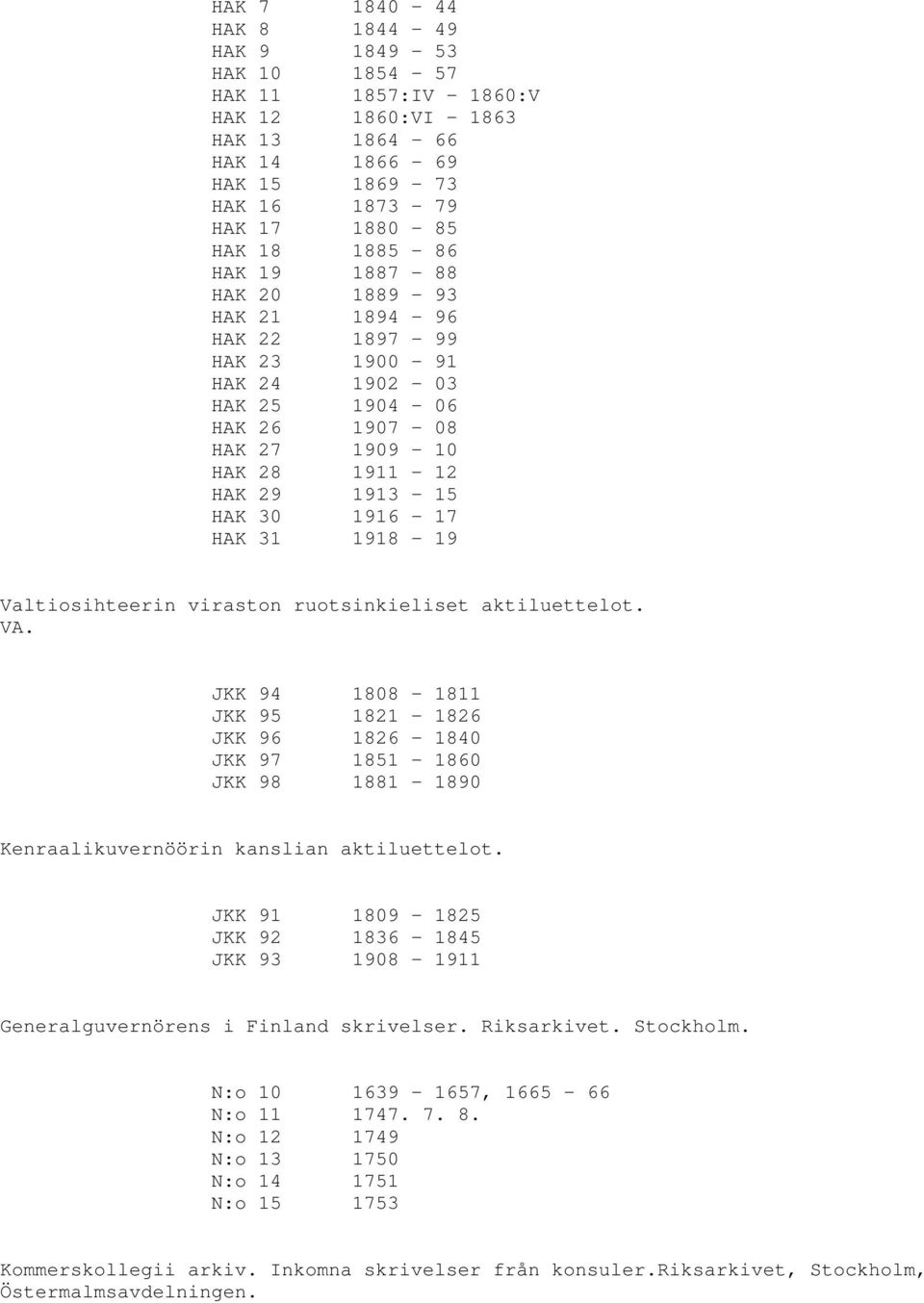 Valtiosihteerin viraston ruotsinkieliset aktiluettelot. VA. JKK 94 1808-1811 JKK 95 1821-1826 JKK 96 1826-1840 JKK 97 1851-1860 JKK 98 1881-1890 Kenraalikuvernöörin kanslian aktiluettelot.