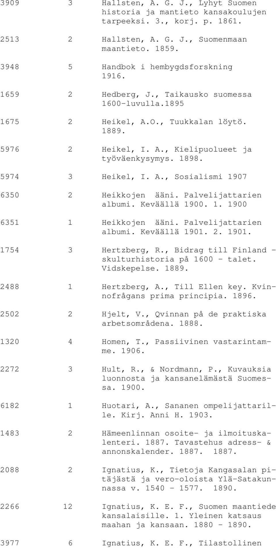 Palvelijattarien albumi. Keväällä 1900. 1. 1900 6351 1 Heikkojen ääni. Palvelijattarien albumi. Keväällä 1901. 2. 1901. 1754 3 Hertzberg, R., Bidrag till Finland - skulturhistoria på 1600 - talet.