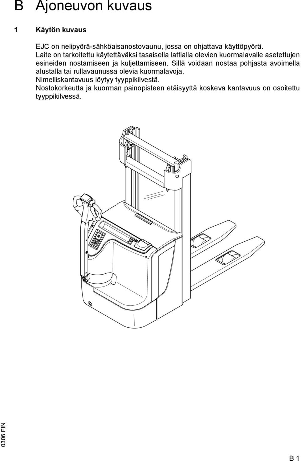 kuljettamiseen. Sillä voidaan nostaa pohjasta avoimella alustalla tai rullavaunussa olevia kuormalavoja.