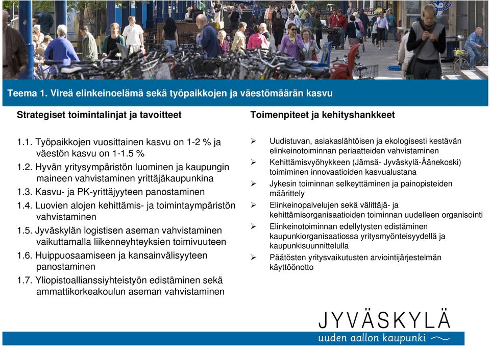 Luovien alojen kehittämis- ja toimintaympäristön vahvistaminen 1.5. Jyväskylän logistisen aseman vahvistaminen vaikuttamalla liikenneyhteyksien toimivuuteen 1.6.