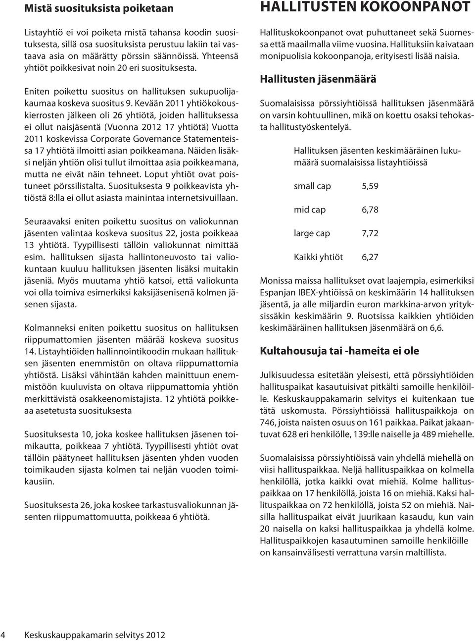 Kevään 2011 yhtiökokouskierrosten jälkeen oli 26 yhtiötä, joiden hallituksessa ei ollut naisjäsentä (Vuonna 2012 17 yhtiötä) Vuotta 2011 koskevissa Corporate Governance Statementeissa 17 yhtiötä