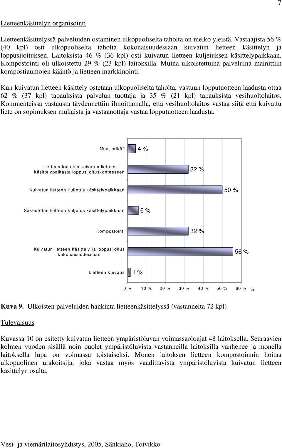 Laitoksista 46 % (36 kpl) osti kuivatun lietteen kuljetuksen käsittelypaikkaan. Kompostointi oli ulkoistettu 29 % (23 kpl) laitoksilla.