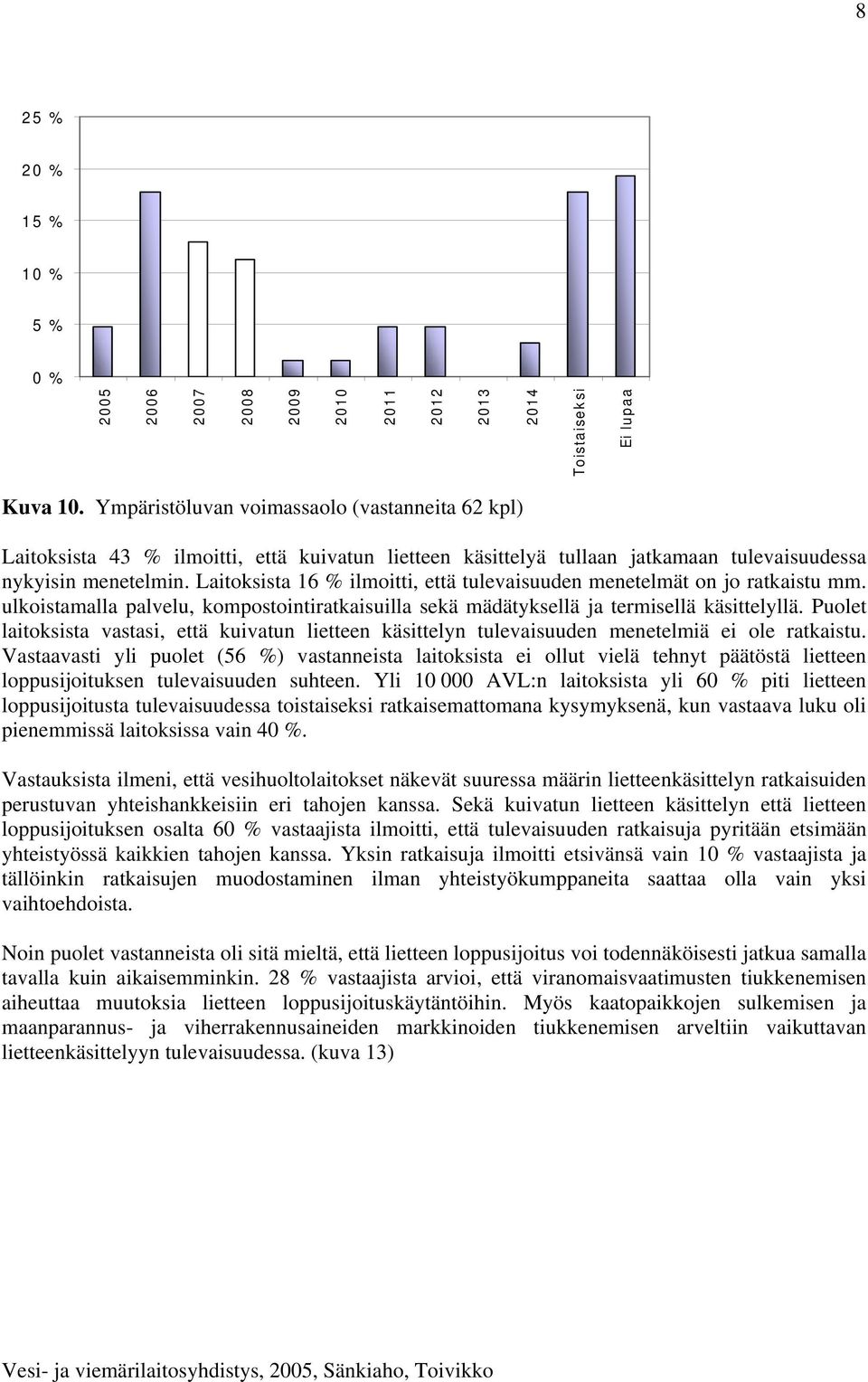 Laitoksista 16 % ilmoitti, että tulevaisuuden menetelmät on jo ratkaistu mm. ulkoistamalla palvelu, kompostointiratkaisuilla sekä mädätyksellä ja termisellä käsittelyllä.