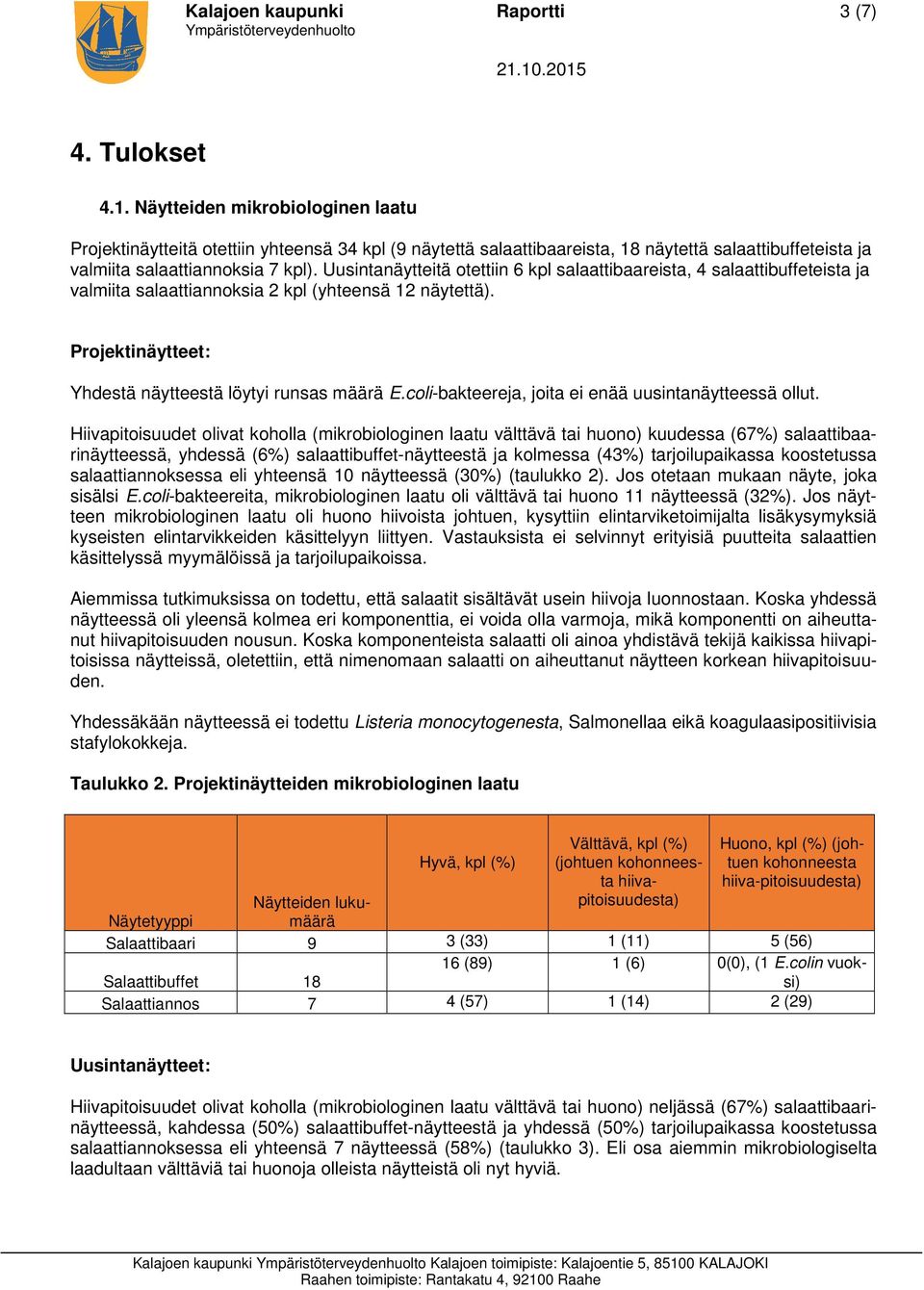 Uusintanäytteitä otettiin 6 kpl salaattibaareista, 4 salaattibuffeteista ja valmiita salaattiannoksia 2 kpl (yhteensä 12 näytettä). Projektinäytteet: Yhdestä näytteestä löytyi runsas määrä E.