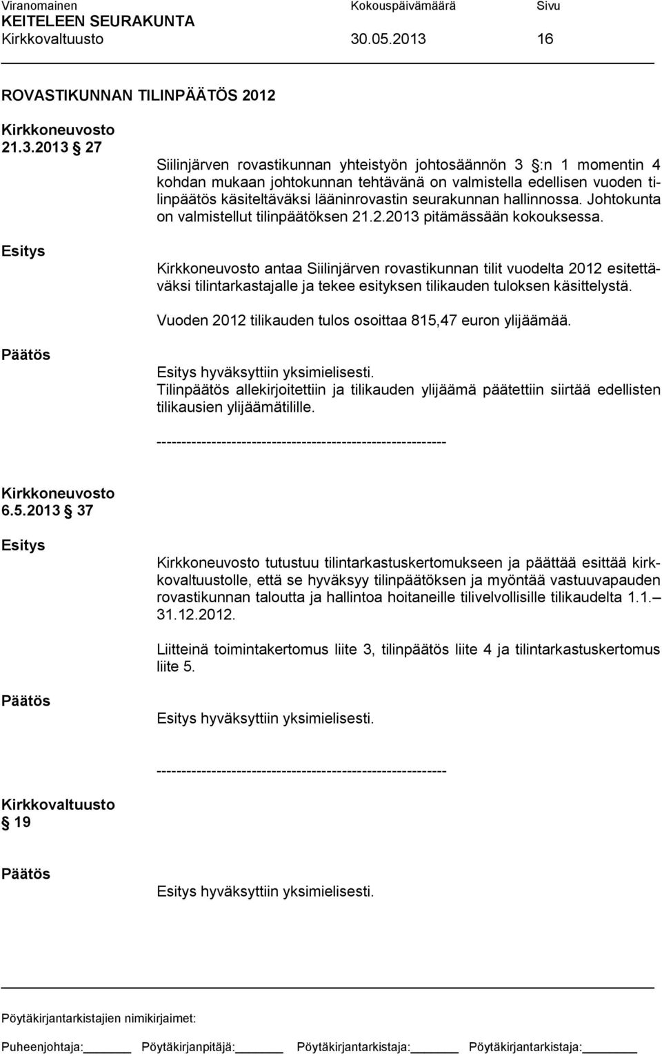 antaa Siilinjärven rovastikunnan tilit vuodelta 2012 esitettäväksi tilintarkastajalle ja tekee esityksen tilikauden tuloksen käsittelystä. Vuoden 2012 tilikauden tulos osoittaa 815,47 euron ylijäämää.