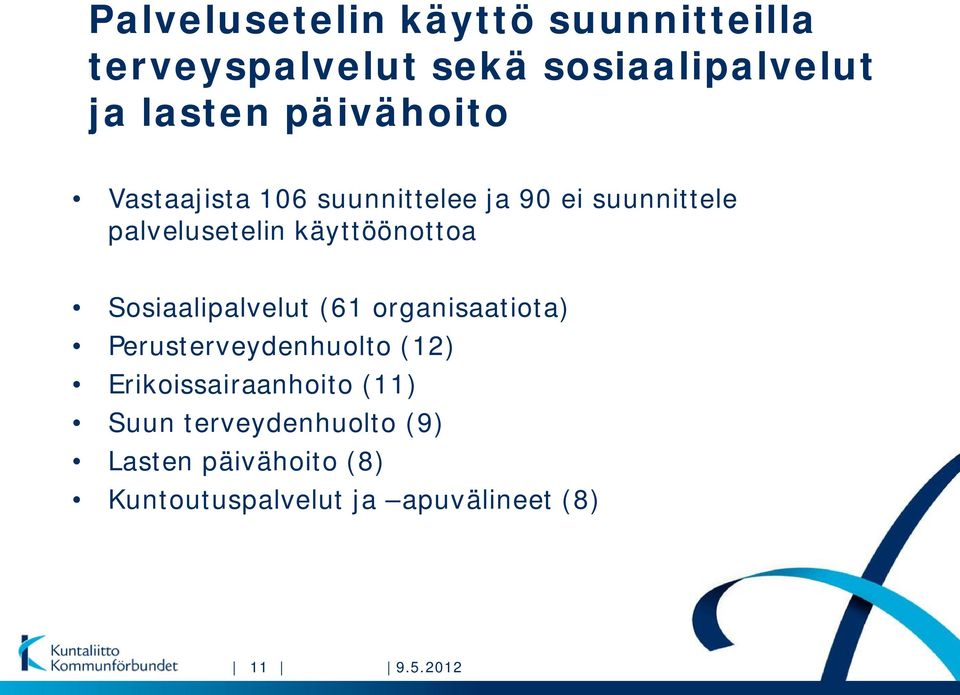 Sosiaalipalvelut (61 organisaatiota) Perusterveydenhuolto (12) Erikoissairaanhoito (11)