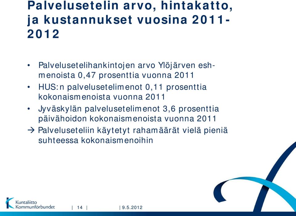 kokonaismenoista vuonna 2011 Jyväskylän palvelusetelimenot 3,6 prosenttia päivähoidon