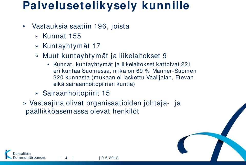 Manner-Suomen 320 kunnasta (mukaan ei laskettu Vaalijalan, Etevan eikä sairaanhoitopiirien kuntia)»