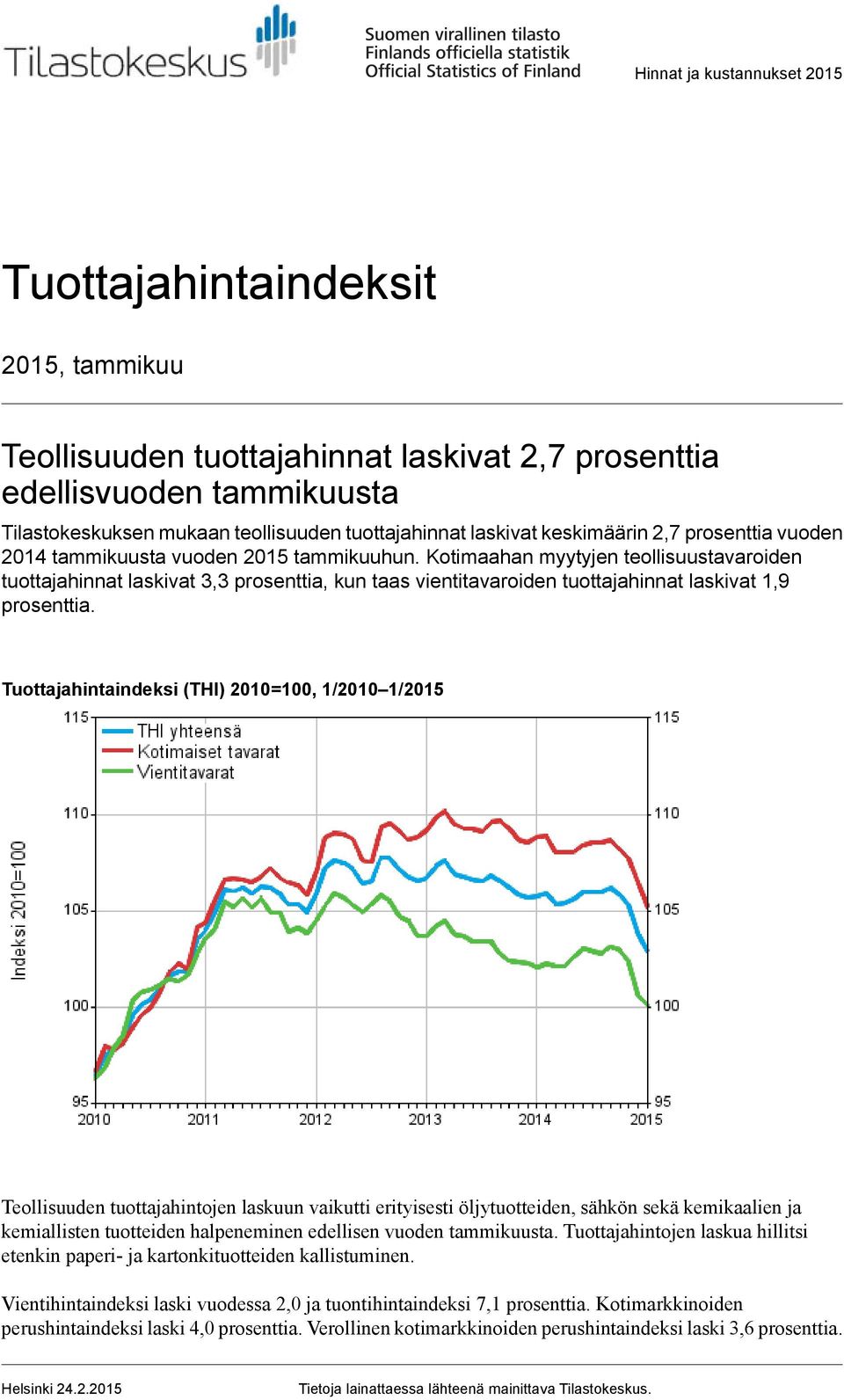 Kotimaahan myytyjen teollisuustavaroiden tuottajahinnat laskivat 3,3 prosenttia, kun taas vientitavaroiden tuottajahinnat laskivat 1,9 prosenttia.