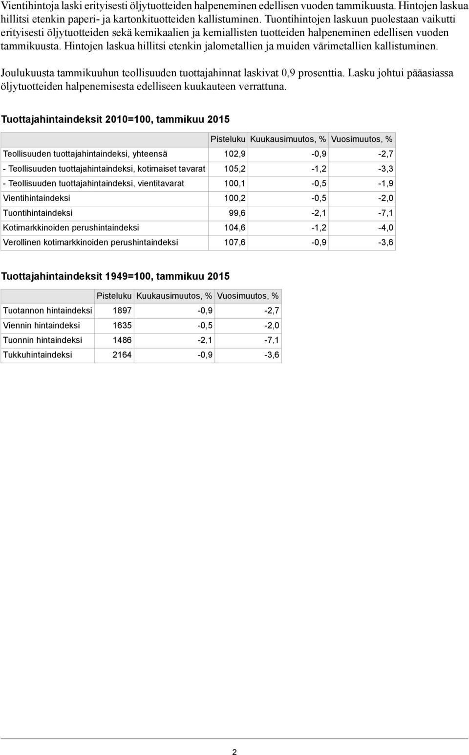 Hintojen laskua hillitsi etenkin jalometallien ja muiden värimetallien kallistuminen. Joulukuusta tammikuuhun teollisuuden tuottajahinnat laskivat 0,9 prosenttia.