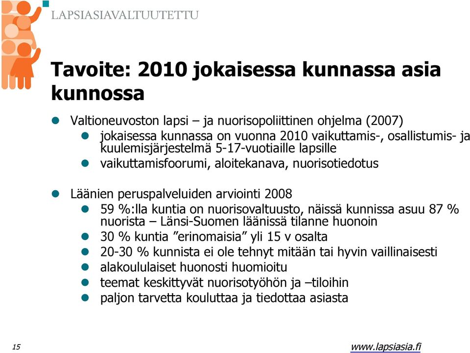 kuntia on nuorisovaltuusto, näissä kunnissa asuu 87 % nuorista Länsi-Suomen läänissä tilanne huonoin 30 % kuntia erinomaisia yli 15 v osalta 20-30 % kunnista ei