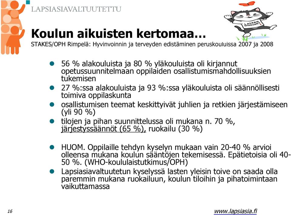 90 %) tilojen ja pihan suunnittelussa oli mukana n. 70 %, järjestyssäännöt (65 %), ruokailu (30 %) HUOM.