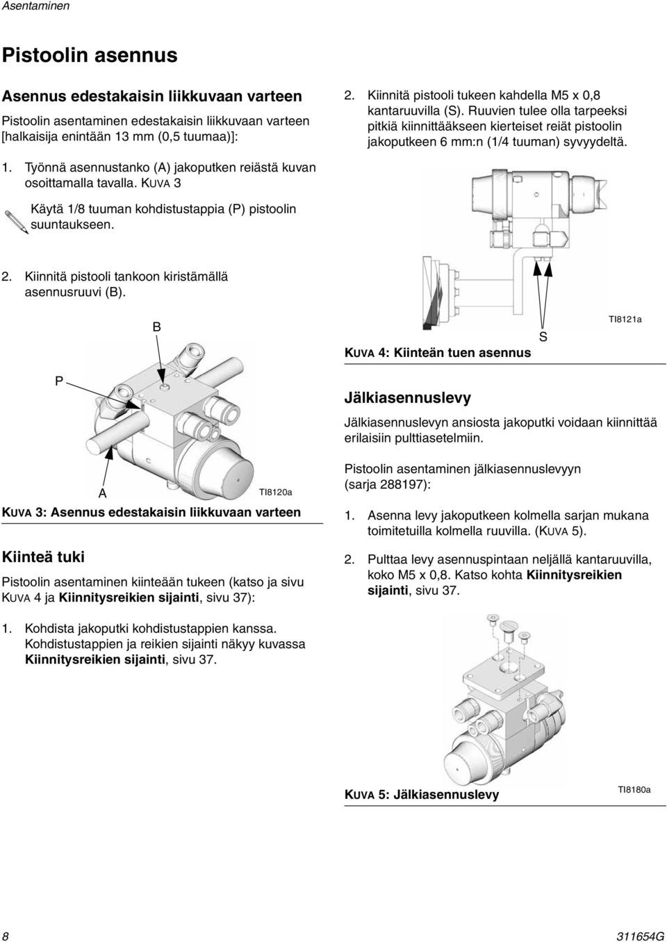 . Työnnä asennustanko (A) jakoputken reiästä kuvan osoittamalla tavalla. KUVA 3 Käytä /8 tuuman kohdistustappia (P) pistoolin suuntaukseen.. Kiinnitä pistooli tankoon kiristämällä asennusruuvi (B).