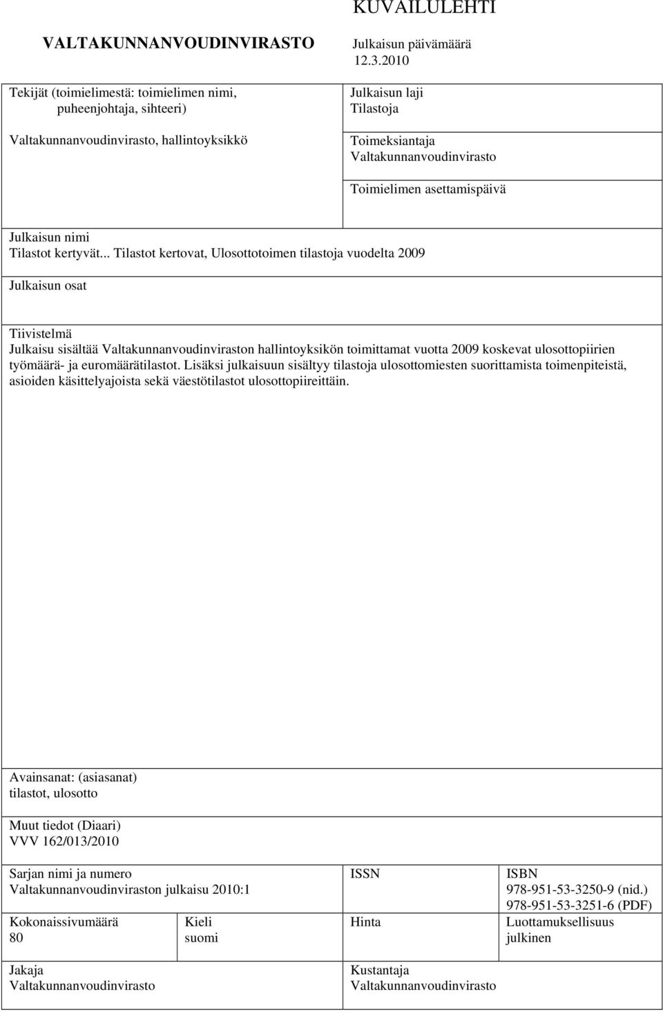 .. Tilastot kertovat, Ulosottotoimen tilastoja vuodelta 2009 Julkaisun osat Tiivistelmä Julkaisu sisältää Valtakunnanvoudinviraston hallintoyksikön toimittamat vuotta 2009 koskevat ulosottopiirien