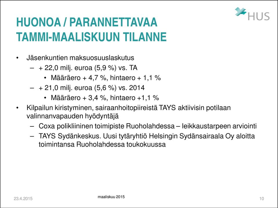 2014 Määräero + 3,4 %, hintaero +1,1 % Kilpailun kiristyminen, sairaanhoitopiireistä TAYS aktiivisin potilaan valinnanvapauden