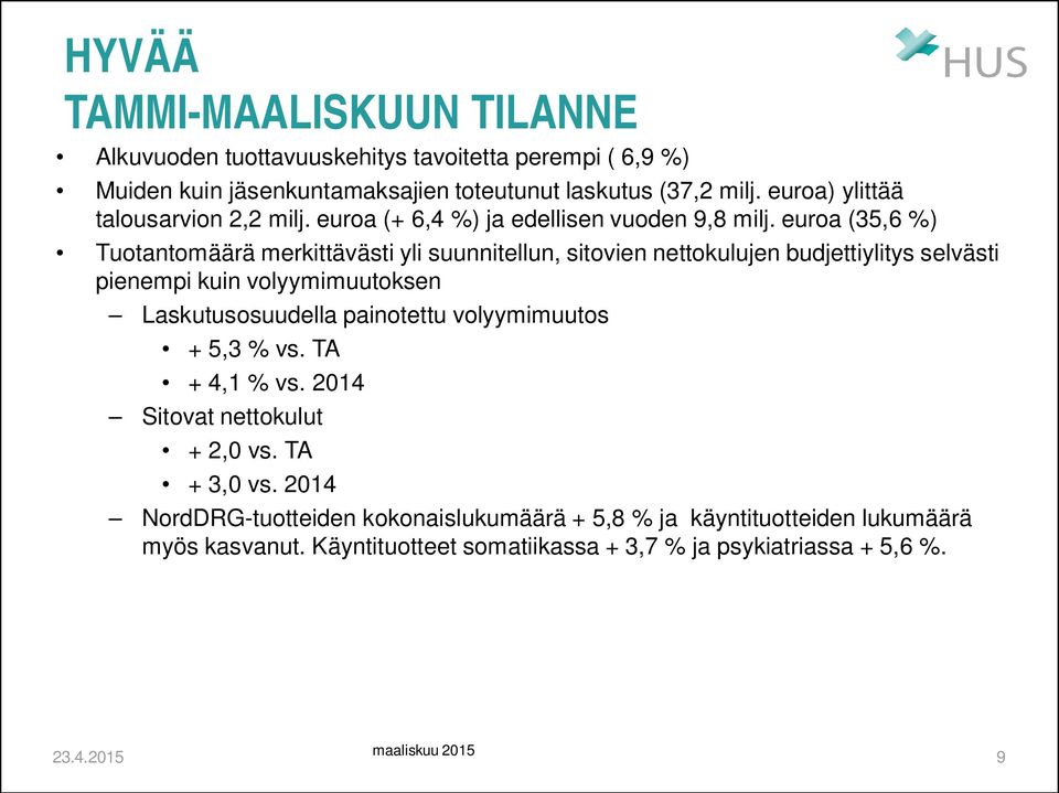 euroa (35,6 %) Tuotantomäärä merkittävästi yli suunnitellun, sitovien nettokulujen budjettiylitys selvästi pienempi kuin volyymimuutoksen Laskutusosuudella painotettu