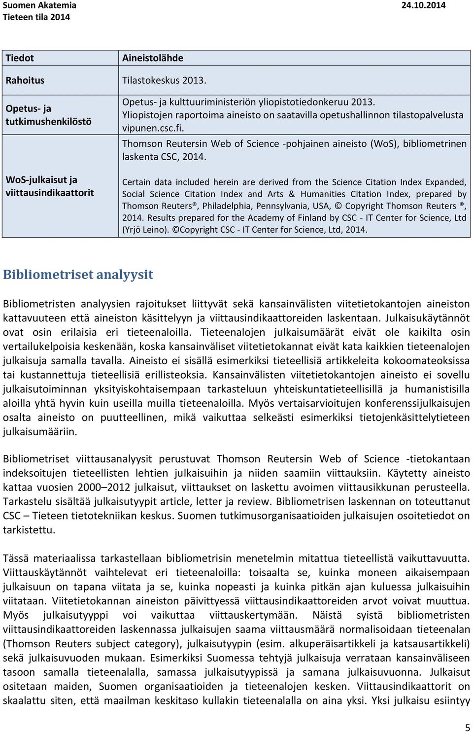 Yliopistojen raportoima aineisto on saatavilla opetushallinnon tilastopalvelusta vipunen.csc.fi. Thomson Reutersin Web of Science -pohjainen aineisto (WoS), bibliometrinen laskenta CSC, 214.