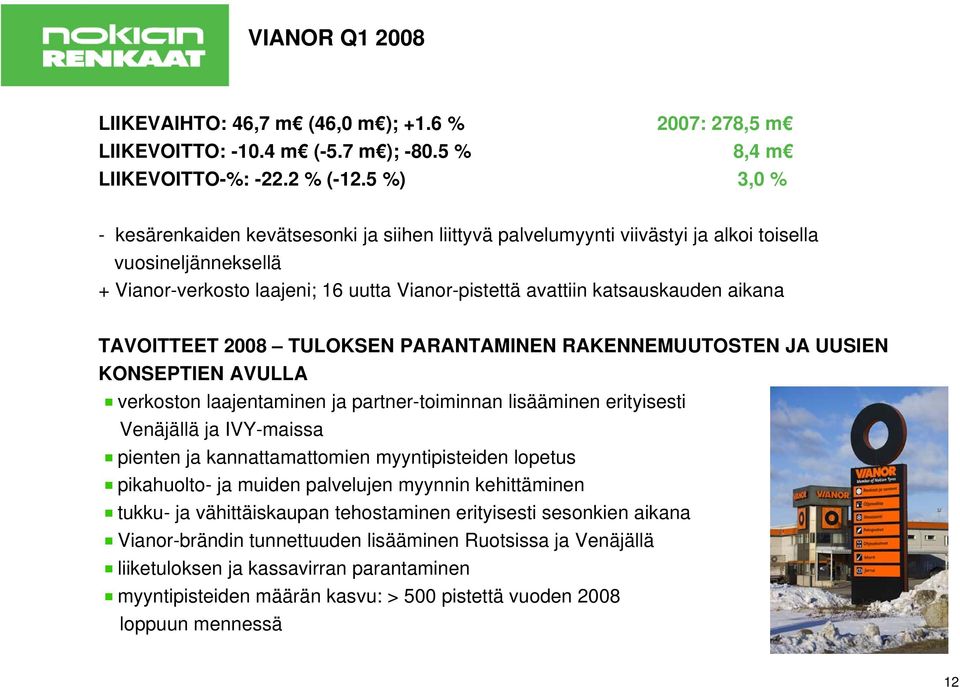 aikana TAVOITTEET 2008 TULOKSEN PARANTAMINEN RAKENNEMUUTOSTEN JA UUSIEN KONSEPTIEN AVULLA verkoston laajentaminen ja partner-toiminnan lisääminen erityisesti Venäjällä ja IVY-maissa pienten ja