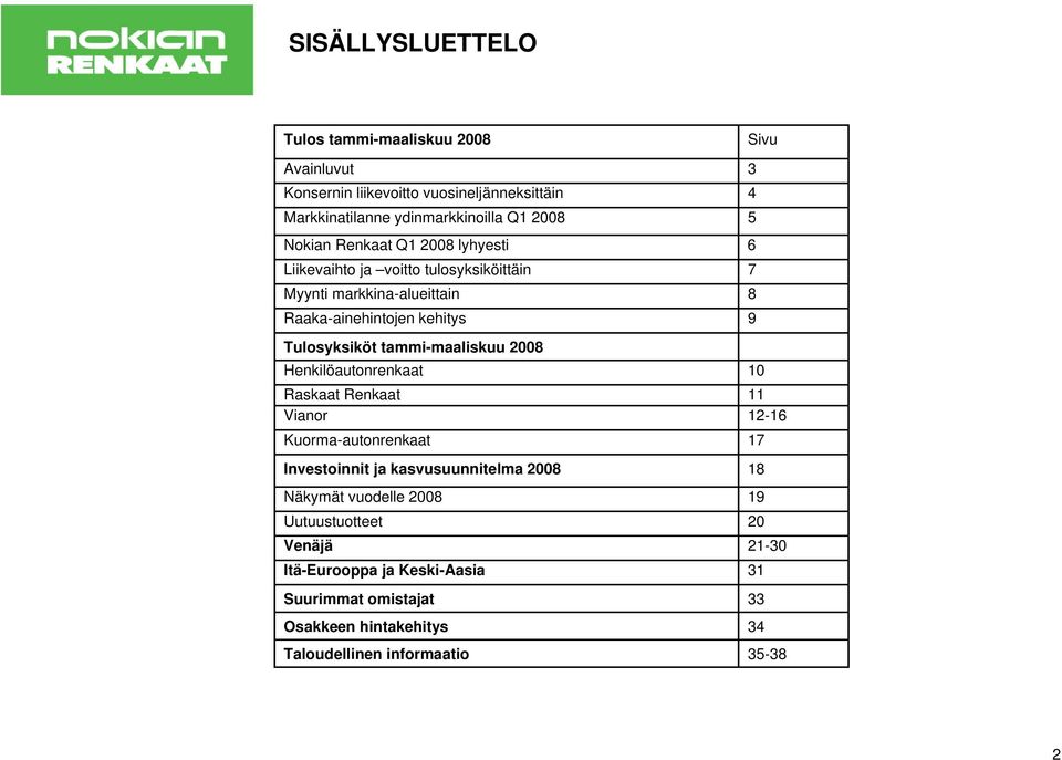 tammi-maaliskuu 2008 Henkilöautonrenkaat 10 Raskaat Renkaat 11 Vianor 12-16 Kuorma-autonrenkaat 17 Investoinnit ja kasvusuunnitelma 2008 18 Näkymät