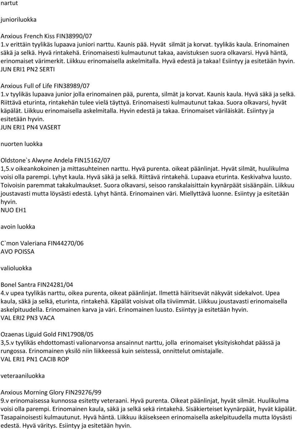 JUN ERI1 PN2 SERTI Anxious Full of Life FIN38989/07 1.v tyylikäs lupaava junior jolla erinomainen pää, purenta, silmät ja korvat. Kaunis kaula. Hyvä säkä ja selkä.