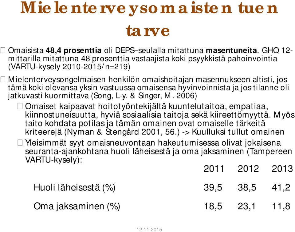 olevansa yksin vastuussa omaisensa hyvinvoinnista ja jos tilanne oli jatkuvasti kuormittava (Song, L-y. & Singer, M.