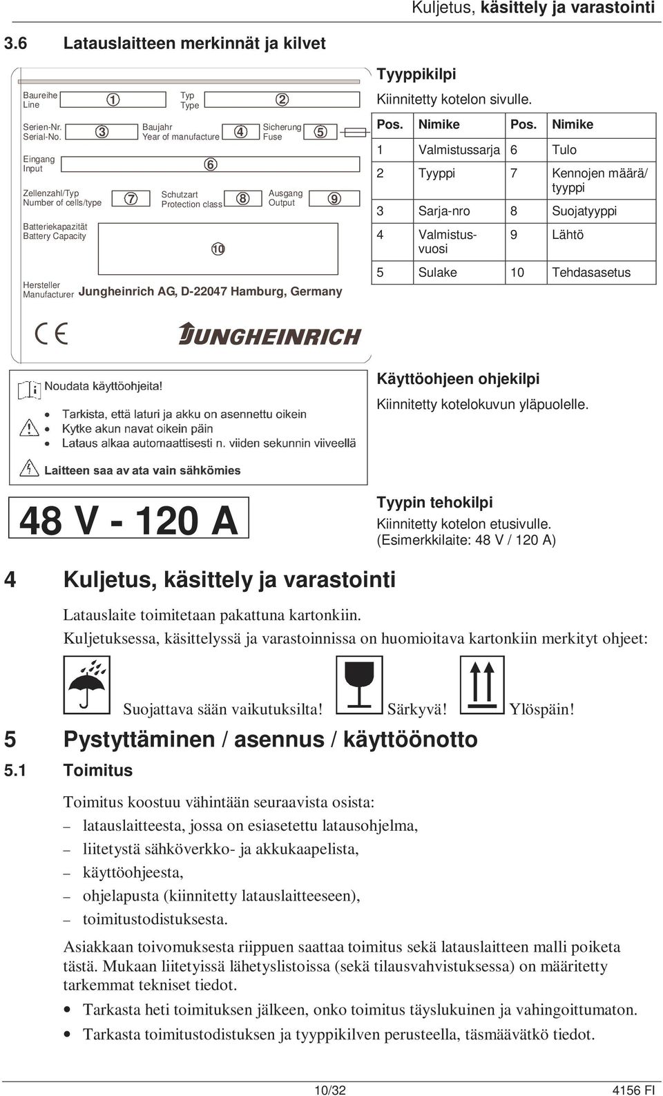 Manufacturer Jungheinrich AG, D-22047 Hamburg, Germany e 1 3 4 5 6 7 8 9 10 öjungheinrich 2 Tyyppikilpi Kiinnitetty kotelon sivulle. Pos. Nimike Pos.