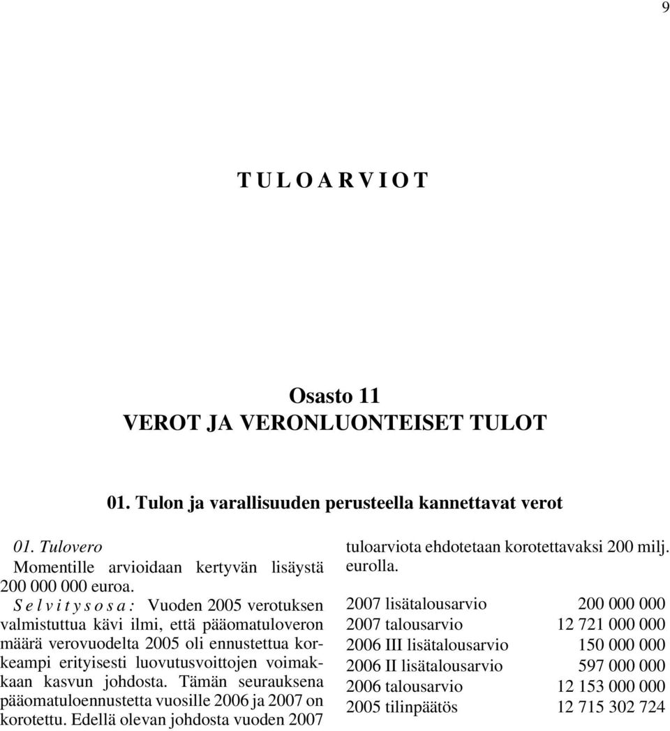 johdosta. Tämän seurauksena pääomatuloennustetta vuosille 2006 ja 2007 on korotettu. Edellä olevan johdosta vuoden 2007 tuloarviota ehdotetaan korotettavaksi 200 milj. eurolla.