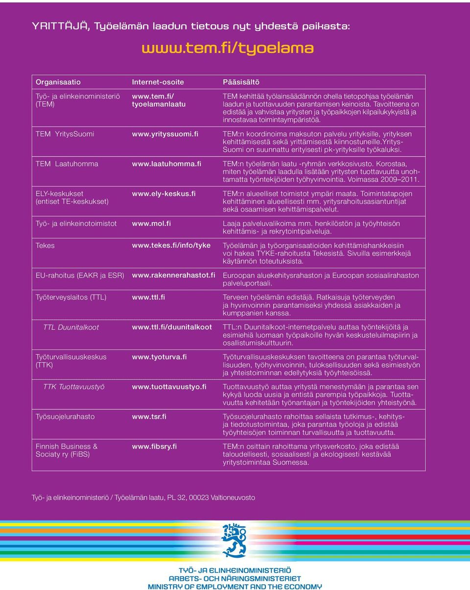 fi TEM:n koordinoima maksuton palvelu yrityksille, yrityksen kehittämisestä sekä yrittämisestä kiinnostuneille.yritys- Suomi on suunnattu erityisesti pk-yrityksille työkaluksi. TEM Laatuhomma www.