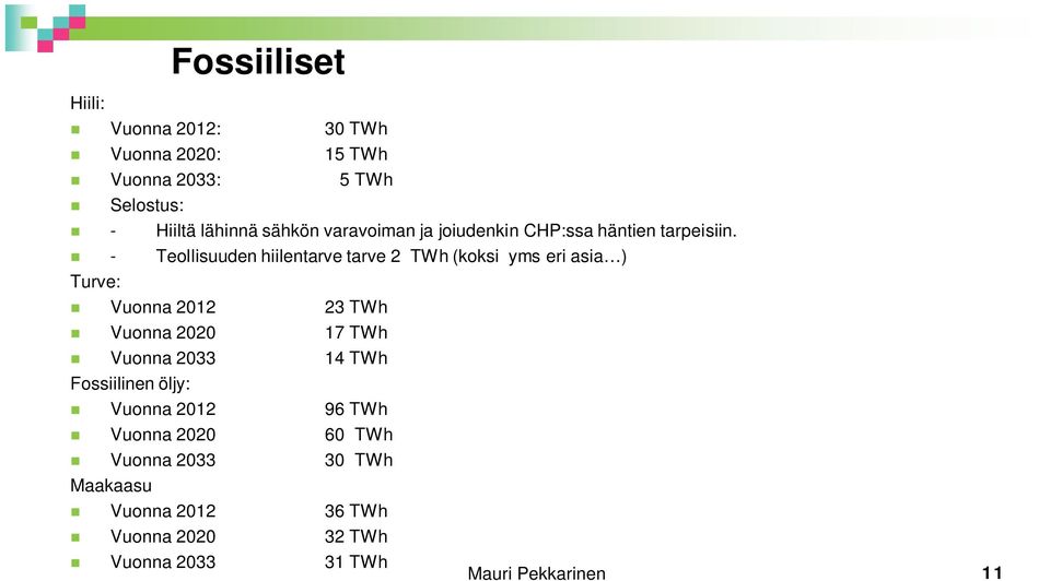 - Teollisuuden hiilentarve tarve 2 TWh (koksi yms eri asia ) Turve: Vuonna 2012 23 TWh Vuonna 2020 17 TWh Vuonna