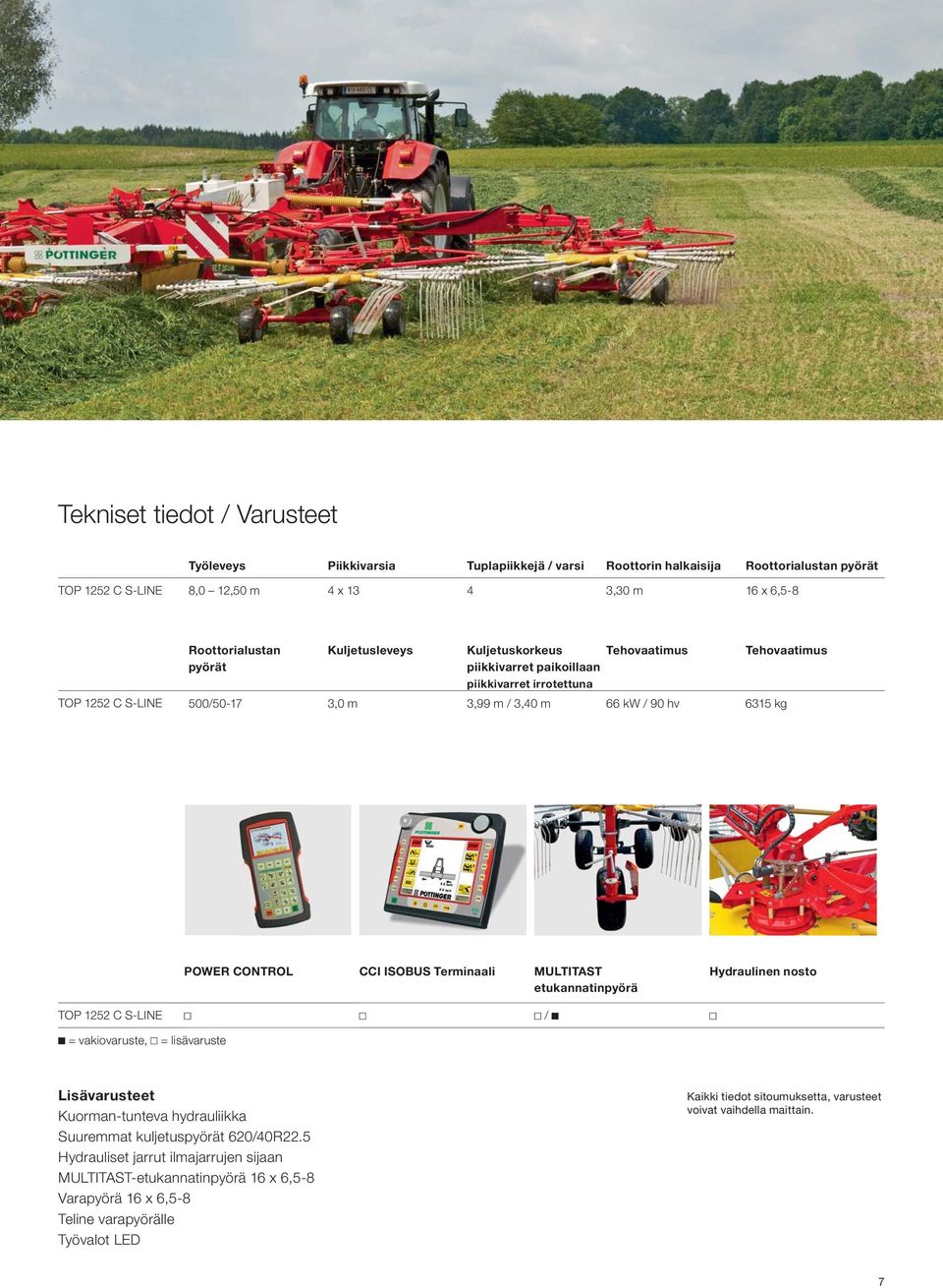 ISOBUS Terminaali MULTITAST etukannatinpyörä Hydraulinen nosto TOP 1252 C S-LINE / = vakiovaruste, = lisävaruste Lisävarusteet Kuorman-tunteva hydrauliikka Suuremmat kuljetuspyörät 620/40R22.