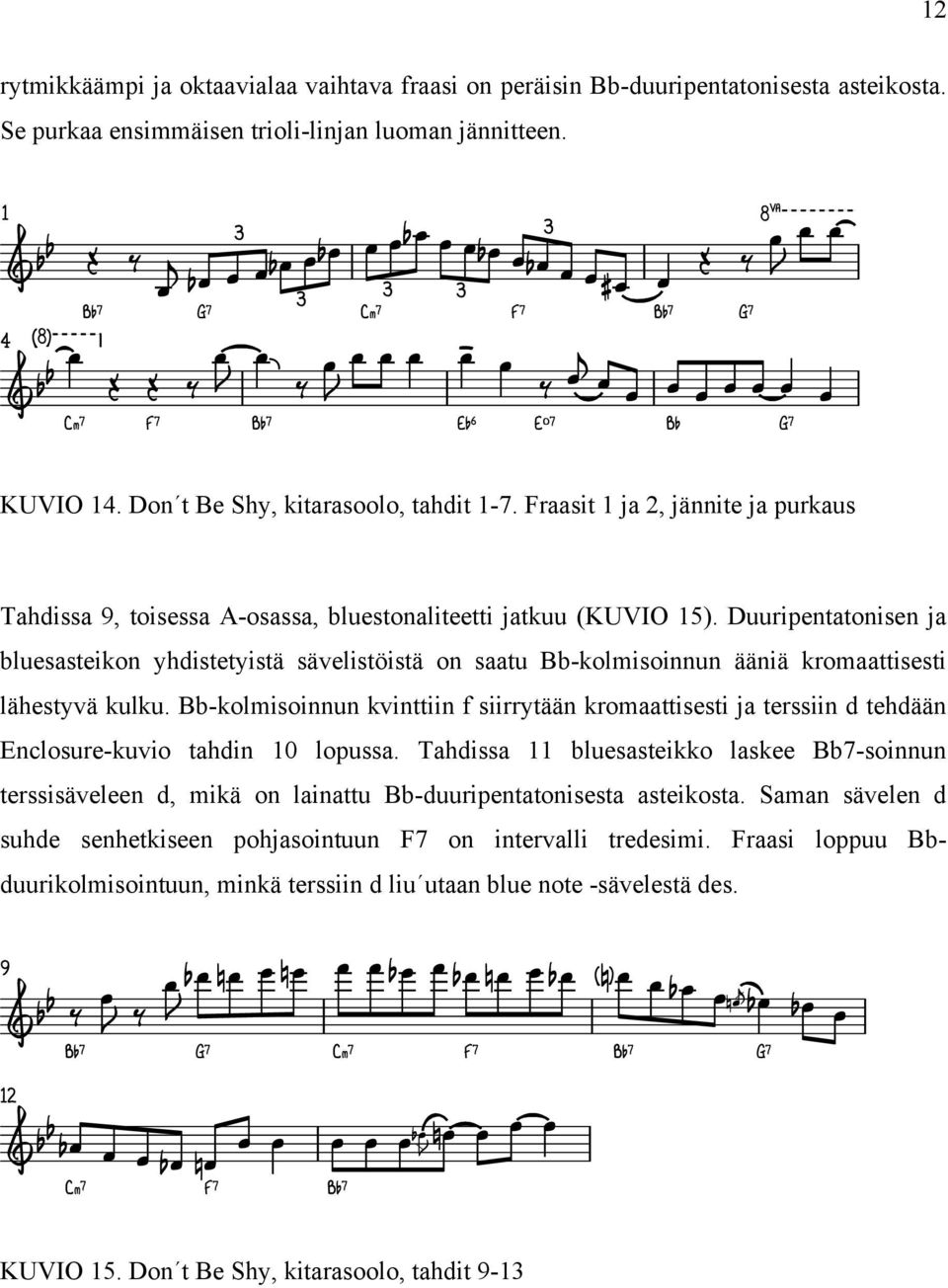 Fraasit 1 ja 2, jännite ja purkaus Tahdissa 9, toisessa A-osassa, bluestonaliteetti jatkuu (KUVIO 15).