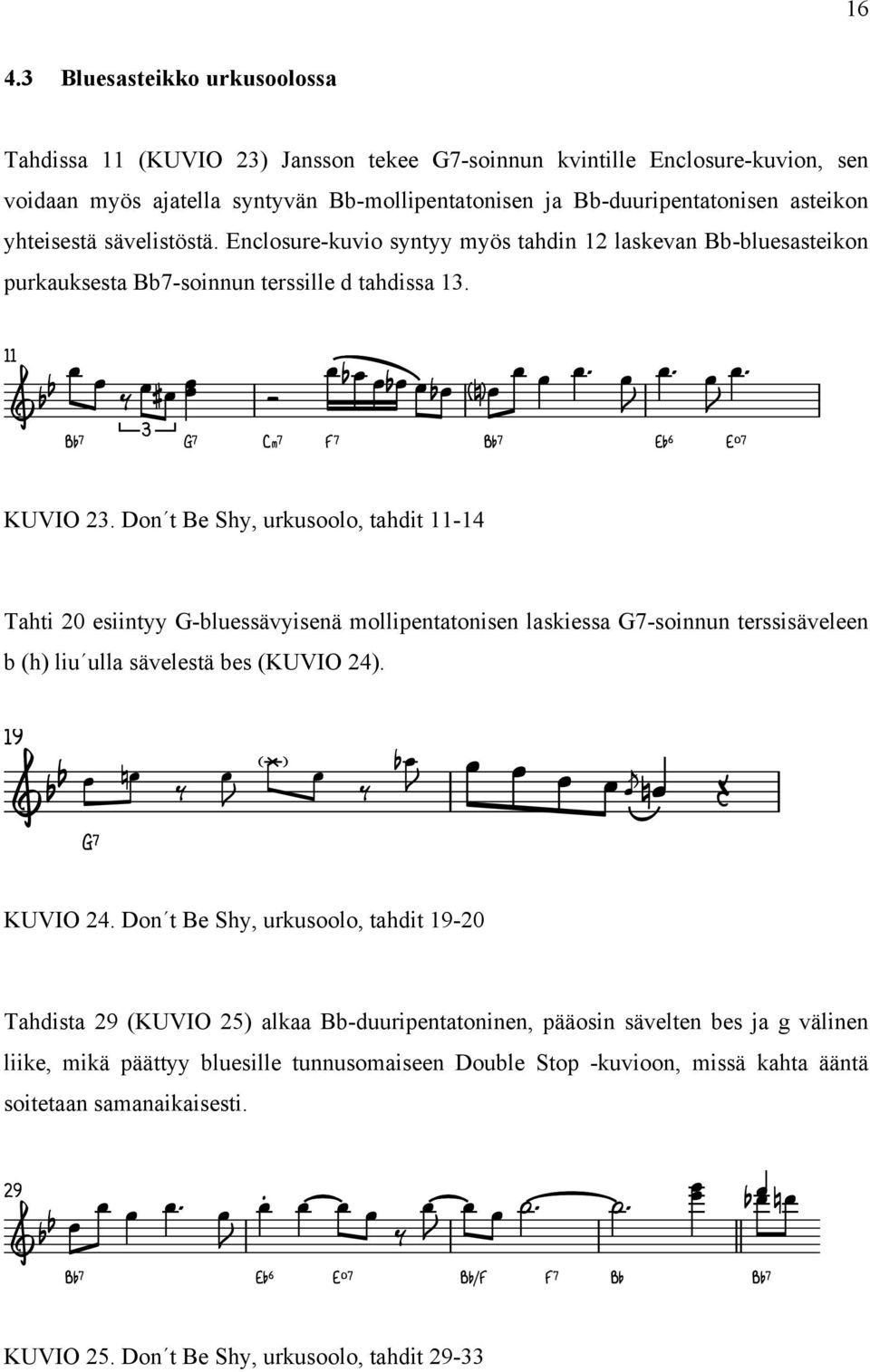 Don t Be Shy, urkusoolo, tahdit 11-14 Tahti 20 esiintyy G-bluessävyisenä mollipentatonisen laskiessa G7-soinnun terssisäveleen b (h) liu ulla sävelestä bes (KUVIO 24). 19 &b b n J J jn Œ G7 KUVIO 24.