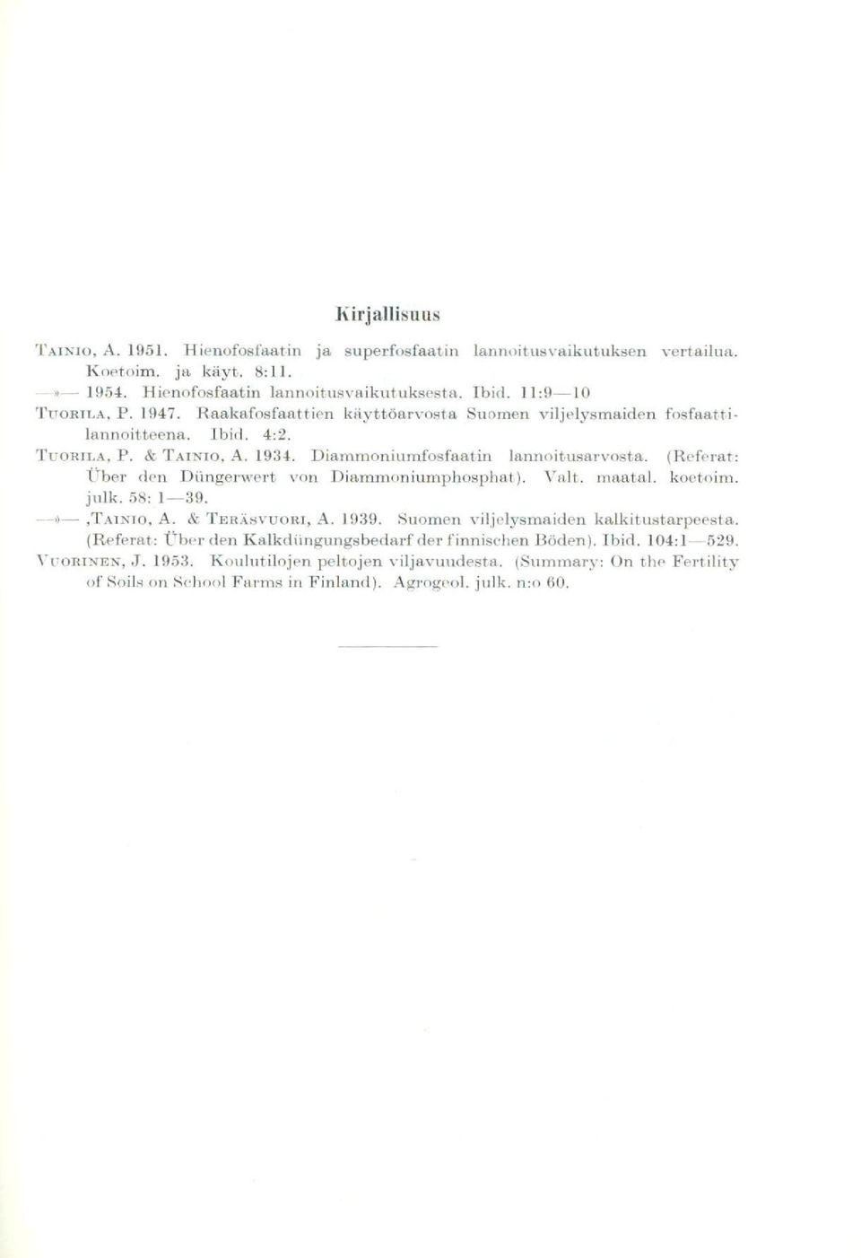 (Referat: Vber den Diingerwert von Diammoniumphosphat). Valt. maatal. koetoirn. julk. 58: 1-39. A. & TERÄSVUORI, A. 1939. Suomen viljelysmaiden kalkitustarpeesta.