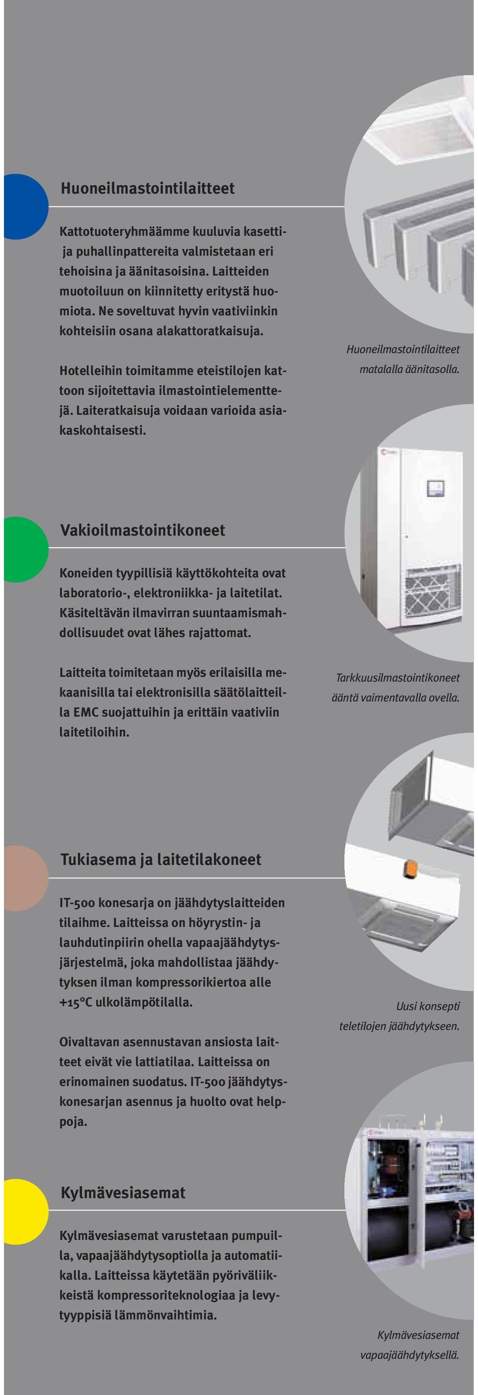 Laiteratkaisuja voidaan varioida asiakaskohtaisesti. Huoneilmastointilaitteet matalalla äänitasolla.