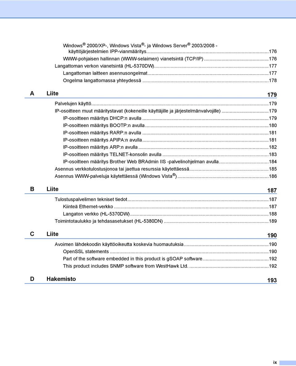 ..179 IP-osoitteen muut määritystavat (kokeneille käyttäjille ja järjestelmänvalvojille)...179 IP-osoitteen määritys DHCP:n avulla...179 IP-osoitteen määritys BOOTP:n avulla.