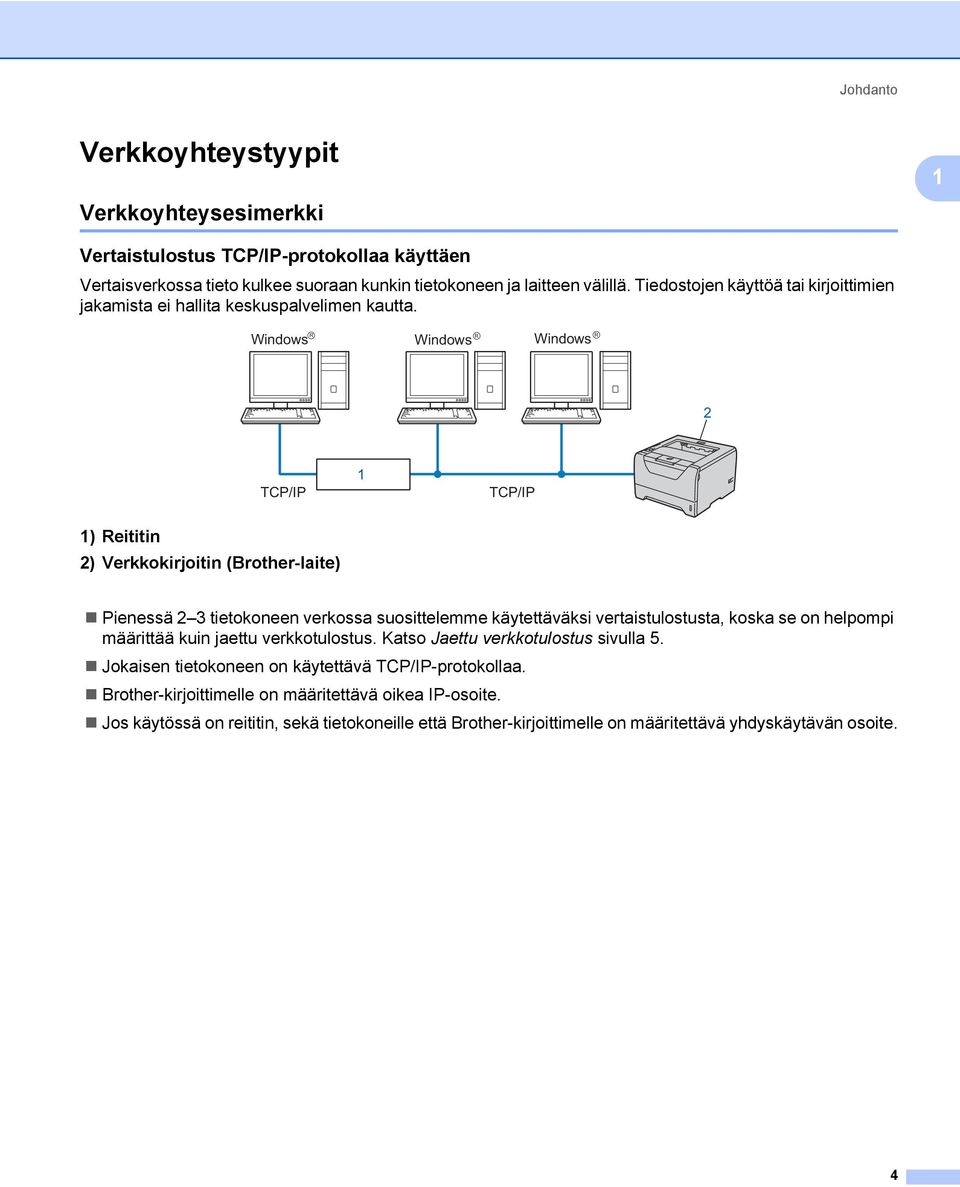 Windows R Windows R Windows R 2 TCP/IP 1 TCP/IP 1) Reititin 2) Verkkokirjoitin (Brother-laite) Pienessä 2 3 tietokoneen verkossa suosittelemme käytettäväksi vertaistulostusta, koska se on