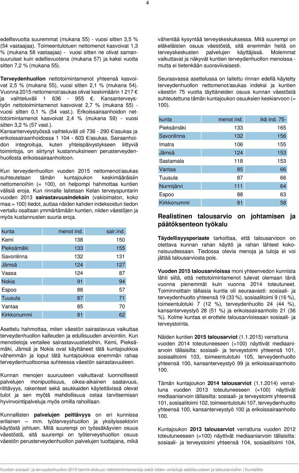 Terveydenhuollon nettotoimintamenot yhteensä kasvoivat 2,5 % (mukana 55), vuosi sitten 2,1 % (mukana 54). Vuonna 2015 nettomenot/asukas olivat keskimäärin 1 217 ja vaihteluväli 1 636-955.