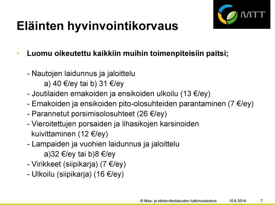 porsimisolosuhteet (26 /ey) - Vieroitettujen porsaiden ja lihasikojen karsinoiden kuivittaminen (12 /ey) - Lampaiden ja vuohien laidunnus ja