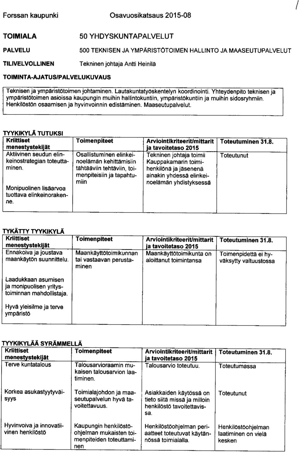 Yhteydenpito teknisen ja ympäristötoimen asioissa kaupungin muihin hallintokuntiin, ympäristökuntiin ja muihin sidosryhmiin. Henkilöstön osaamisen ja hyvinvoinnin edistäminen. Maaseutupalvelut.