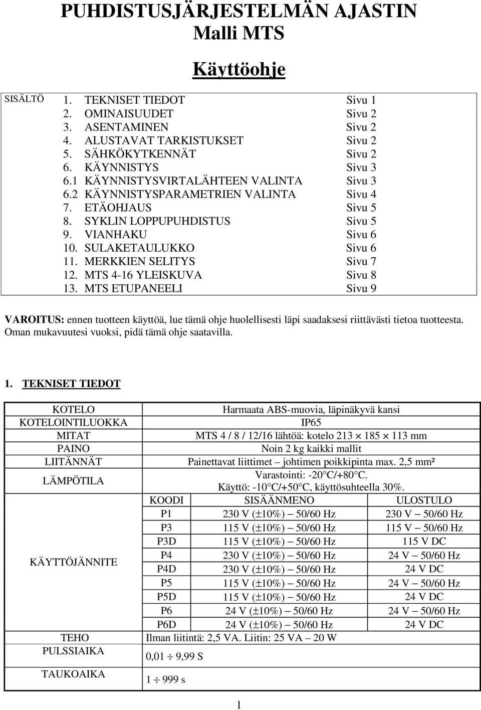 SULAKETAULUKKO Sivu 6 11. MERKKIEN SELITYS Sivu 7 12. MTS 4-16 YLEISKUVA Sivu 8 13.