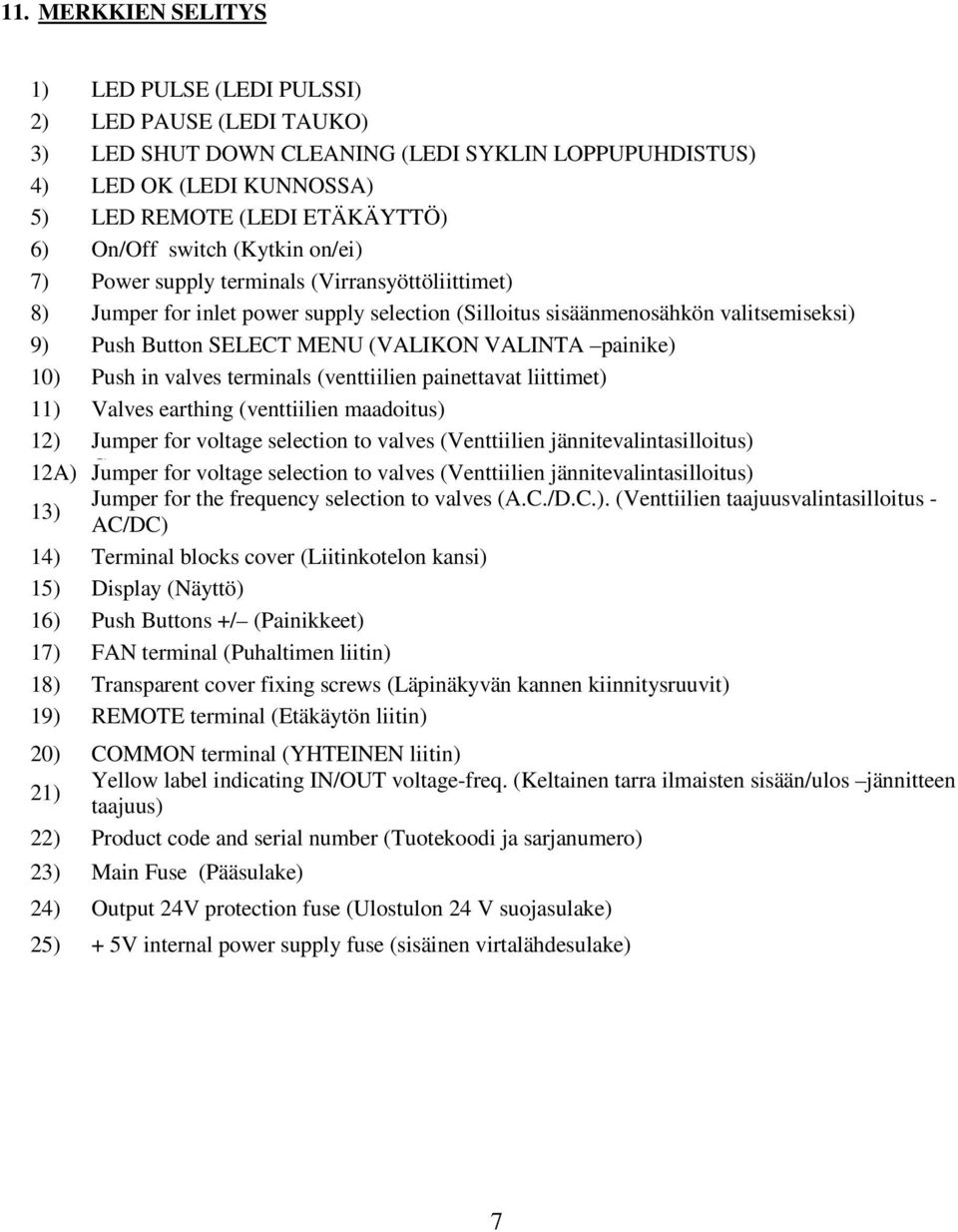 VALINTA painike) 10) Push in valves terminals (venttiilien painettavat liittimet) 11) Valves earthing (venttiilien maadoitus) 12) Jumper for voltage selection to valves (Venttiilien