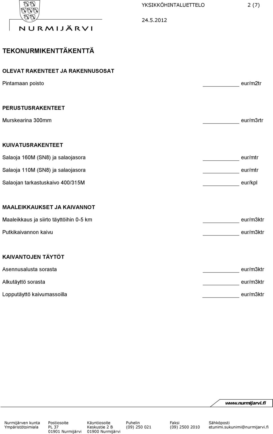 salaojasora Salaojan tarkastuskaivo 400/315M MAALEIKKAUKSET JA KAIVANNOT Maaleikkaus ja siirto täyttöihin 0-5