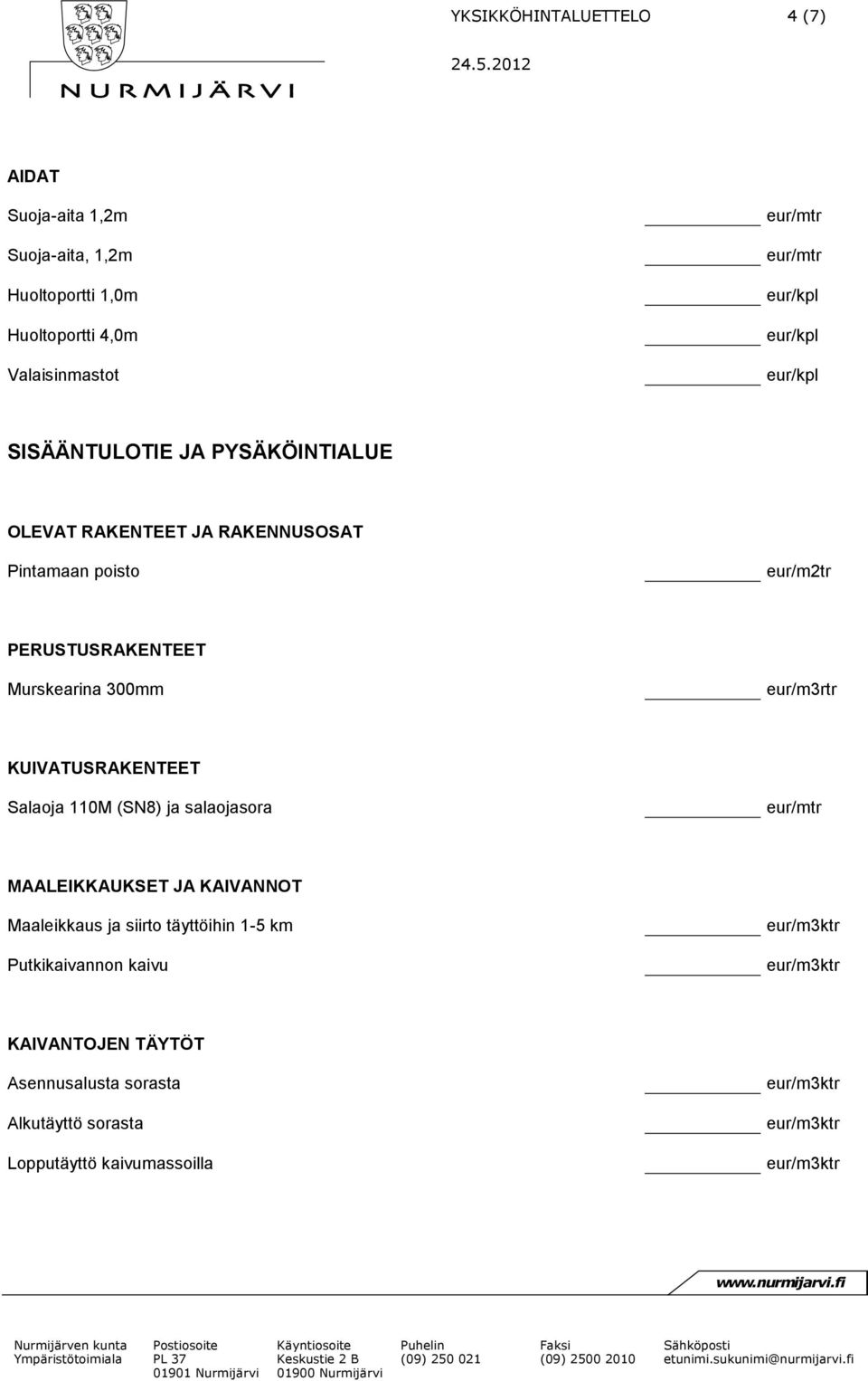 KUIVATUSRAKENTEET Salaoja 110M (SN8) ja salaojasora MAALEIKKAUKSET JA KAIVANNOT Maaleikkaus ja siirto täyttöihin 1-5