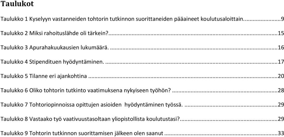 ... 17 Taulukko 5 Tilanne eri ajankohtina... 20 Taulukko 6 Oliko tohtorin tutkinto vaatimuksena nykyiseen työhön?