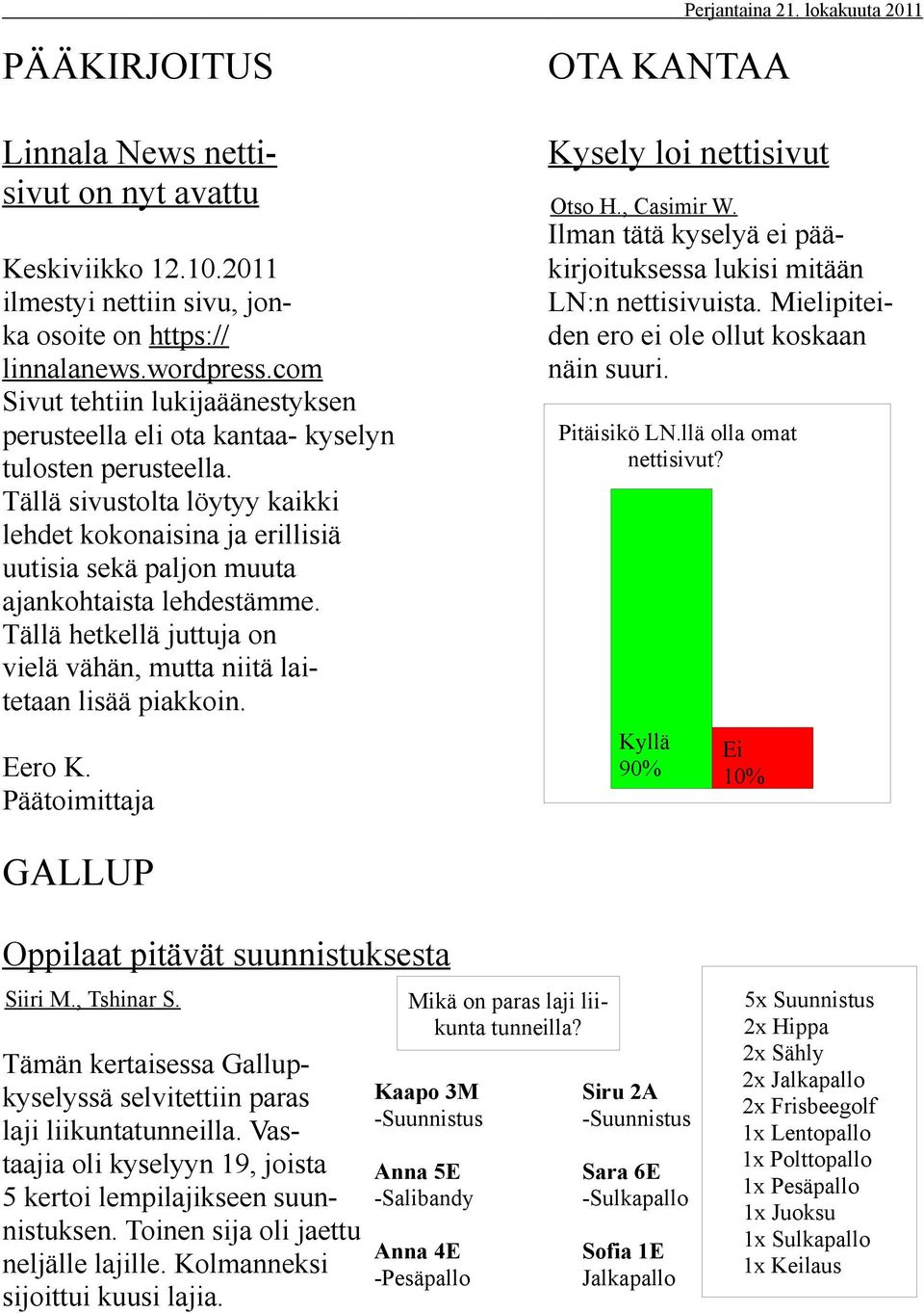 2011 ilmestyi nettiin sivu, jonka osoite on https:// linnalanews.wordpress.com Sivut tehtiin lukijaäänestyksen perusteella eli ota kantaa- kyselyn tulosten perusteella.