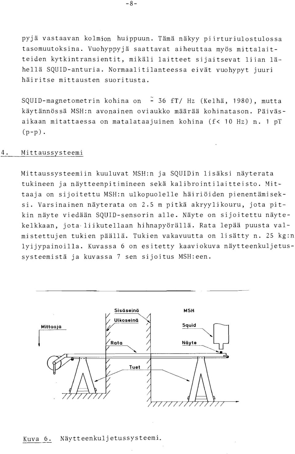 Normaalitilanteessa eivät vuohypyt juuri häiritse mittausten suoritusta. - SQUID-magnetometrin kohina on - 36 ft/ Hz (Kelha, 1980), mutta käytännössä MSH:n avonainen oviaukko määrää kohinatason.