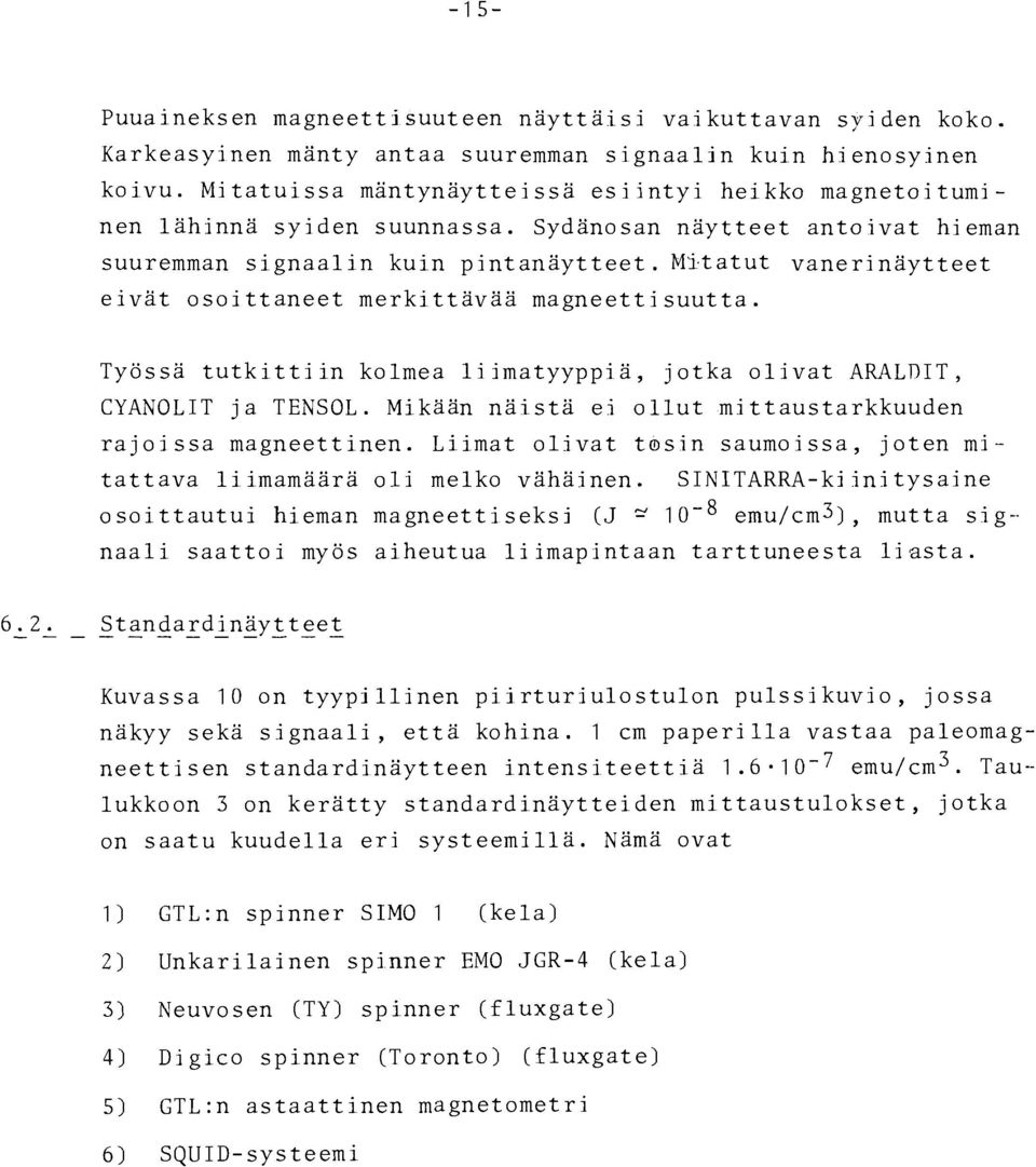 M5tatut vanerinäytteet eivät osoittaneet merkittävää magneettisuutta. Työssä tutkittiin kolmea liimatyyppiä, jotka olivat ARALDIT, CYANOLIT ja TENSOL.